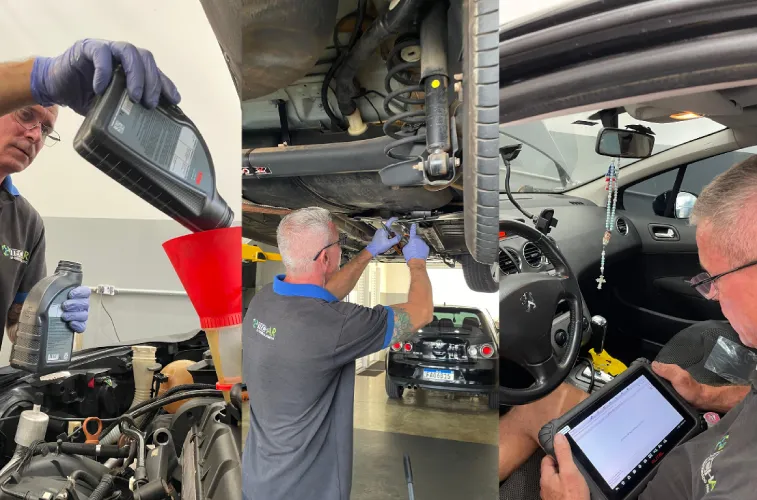 Mecânico Tech Auto em troca de óleo, serviço no elevador e diagnóstico com scanner